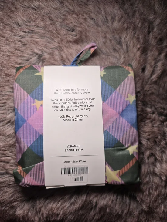 BAGGU reusable tote in plaid with star accents - green, blue, pink, yellow - Picture 3 of 3
